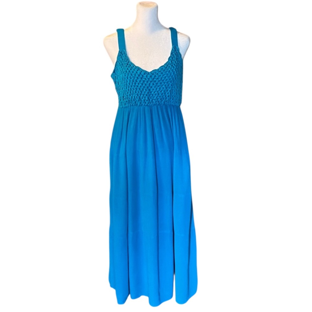 Blue Sleeveless Crochet Trim Dress